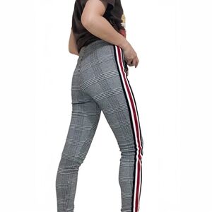 Express Gray Plaid Skinny Pants with Red Stripe